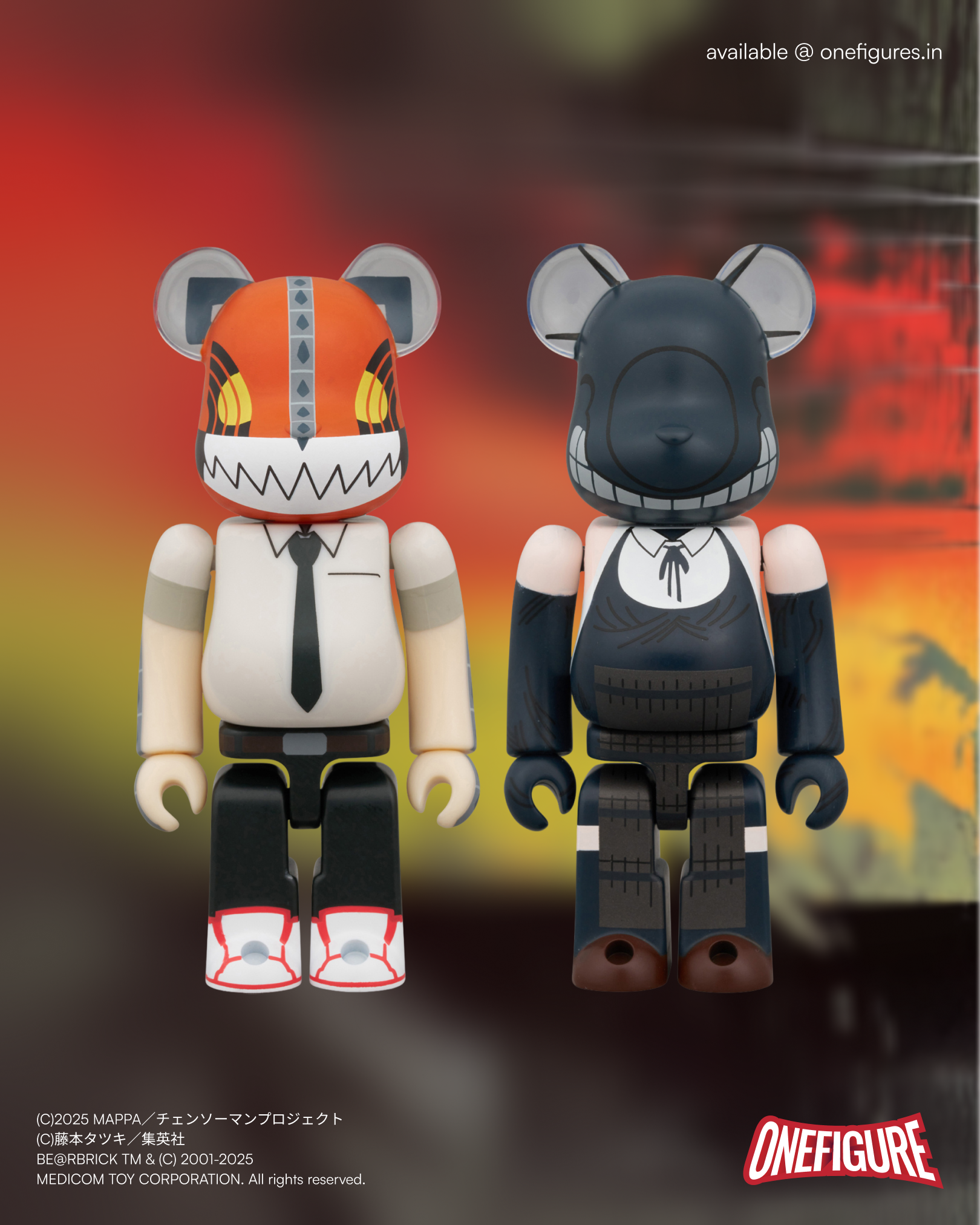 Two bearbrick figures of Chainsaw Man and Bomb Girl with distinct designs on a colourful background.