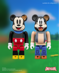 Two bearbrick figures resembling mickey mouse and goofy cartoon characters with a colourful background