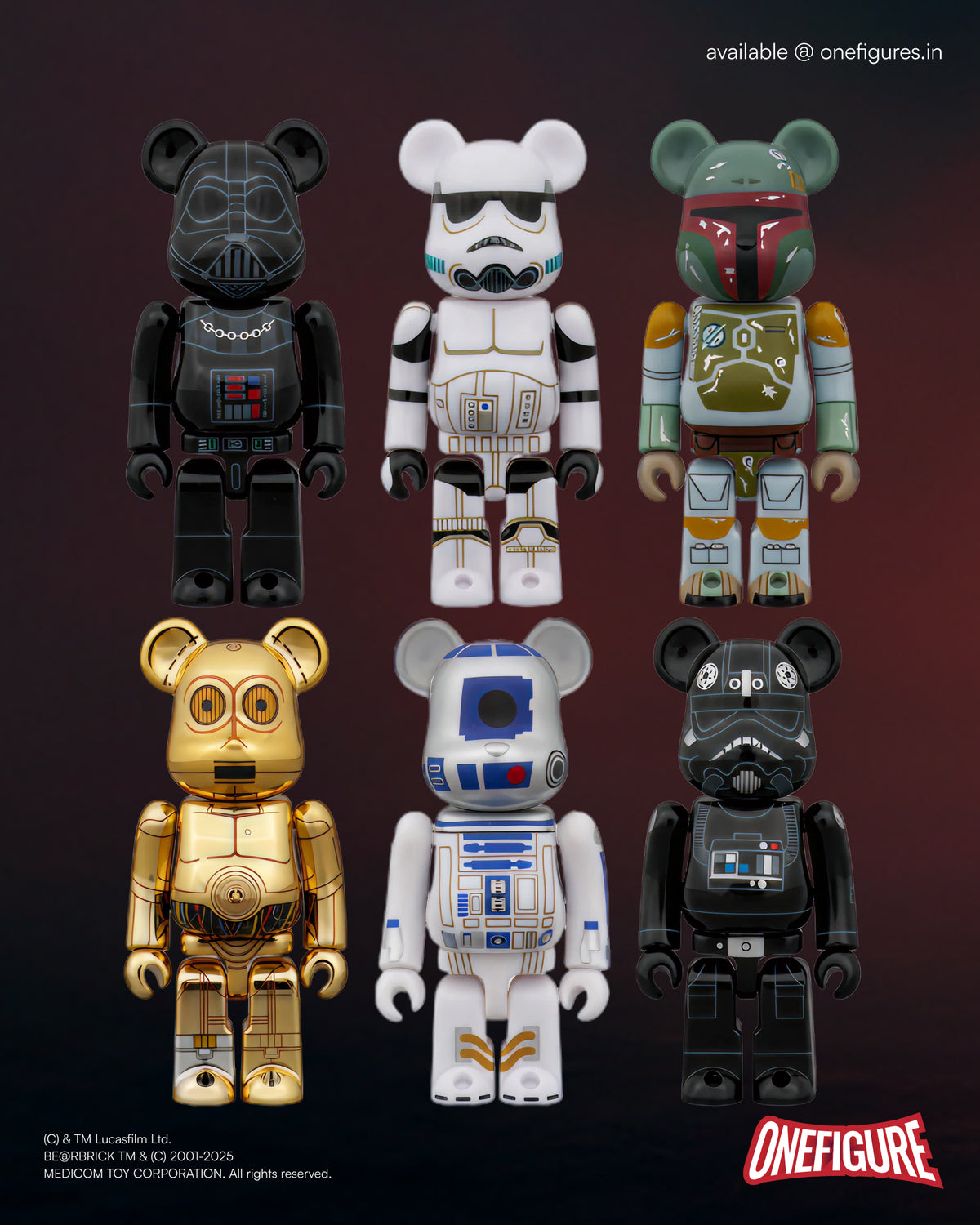 Collection of Star Wars-themed bear figurines on a dark background with 'ONEFIGURE' branding.