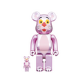 A chrome-finished Pink Panther Bearbrick set, featuring both a 100% and 400% size figure. The Pink Panther is a popular cartoon character known for his pink fur, large ears, and mischievous personality. 