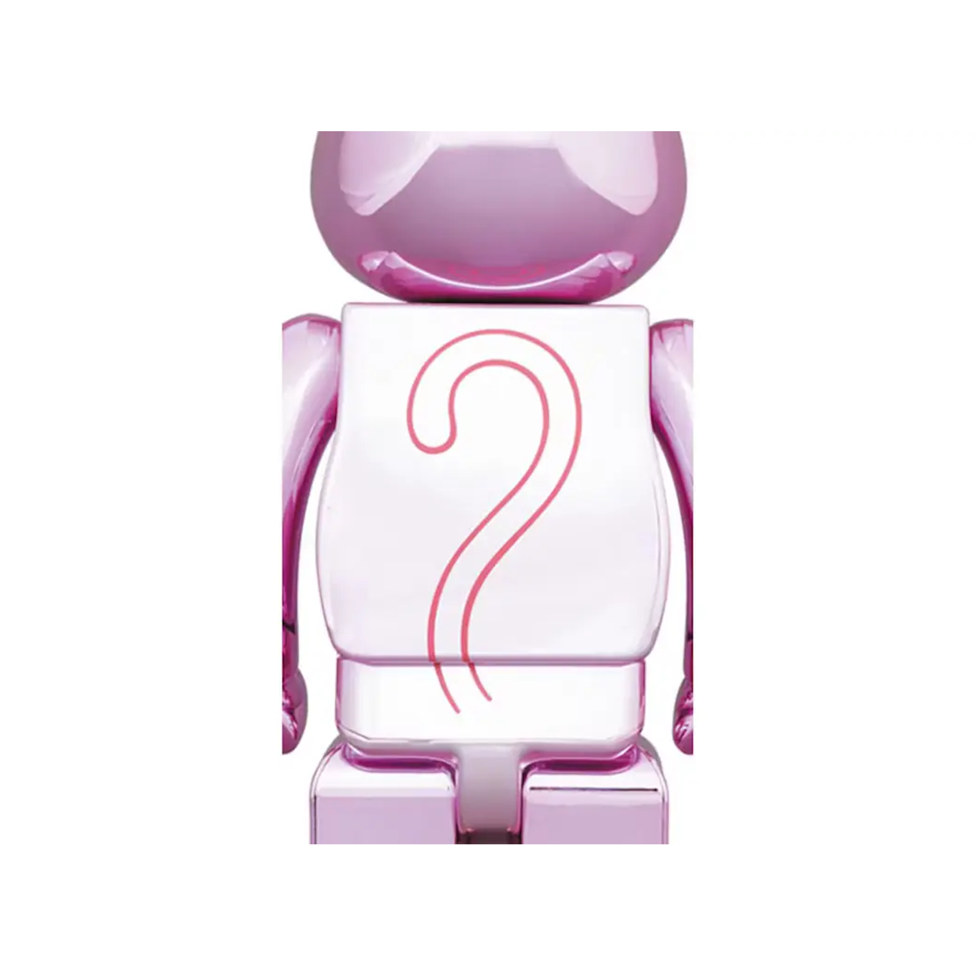 A close-up of the back of a chrome-finished Pink Panther Bearbrick figure. The figure's tail is clearly visible, featuring the iconic question mark design.