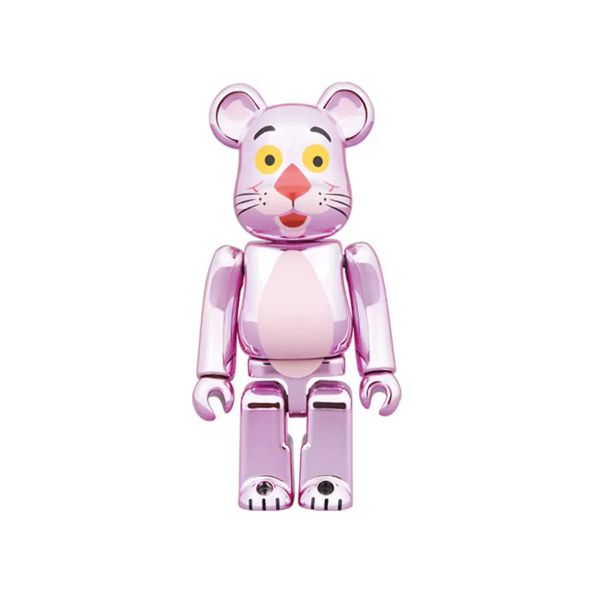 A collectible Bearbrick set featuring the iconic Pink Panther, a beloved cartoon character. This chrome-finished set includes both a 100% and 400% size figure, perfect for fans of the classic animated series.
