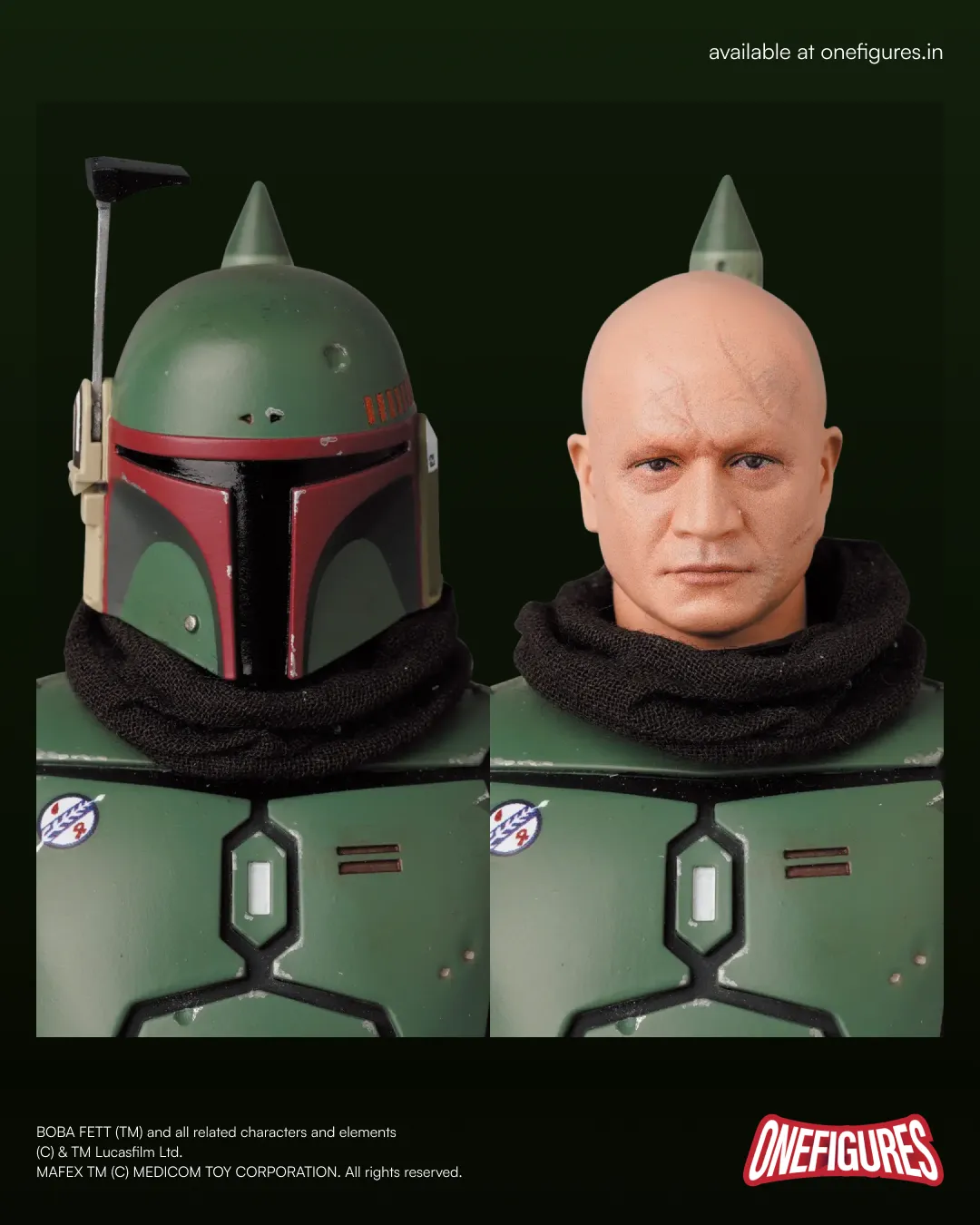 Boba Fett figure with helmet, side by side with the figure without a helmet