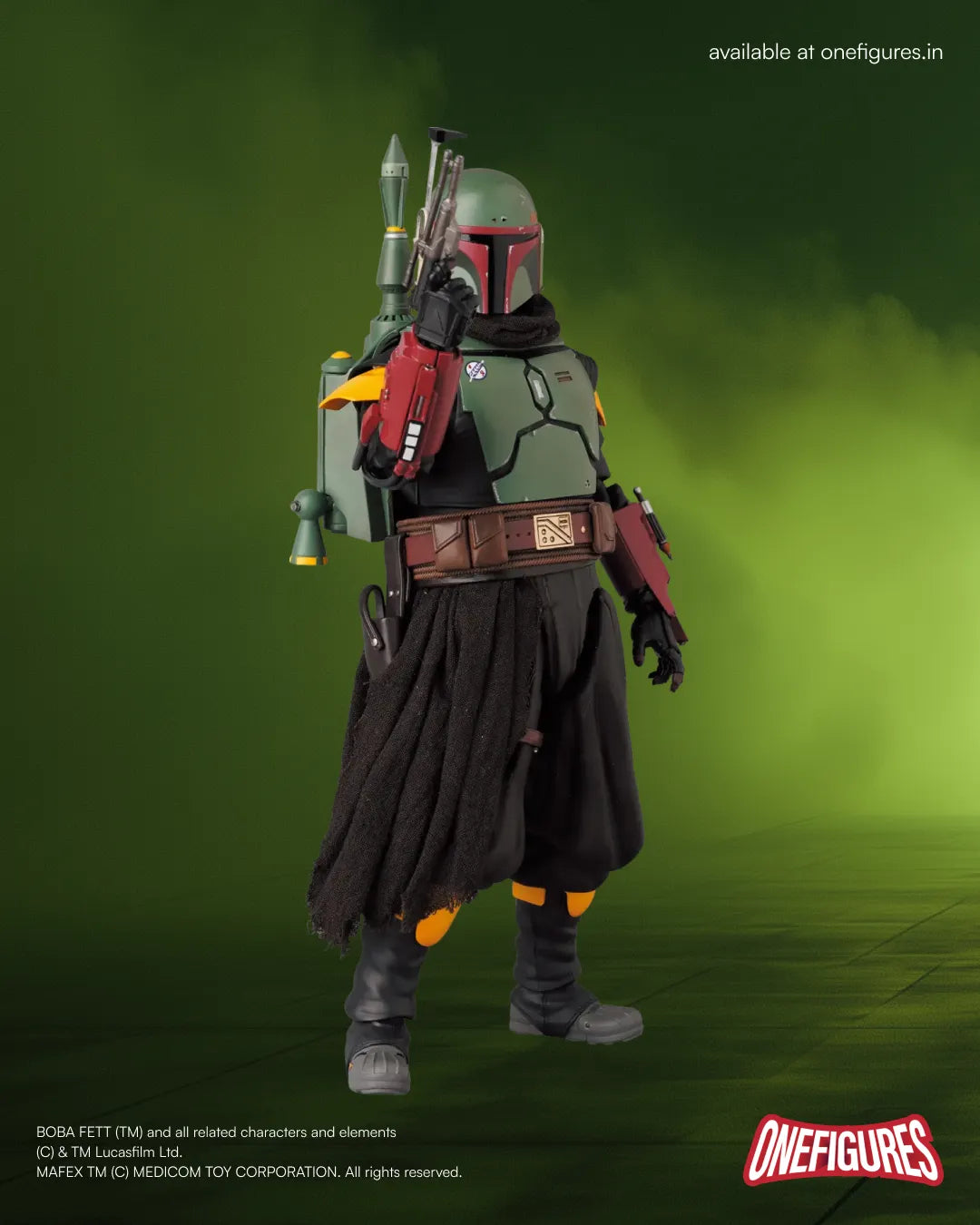 Action figure of Boba Fett from Star Wars holding a gun in an iconic 007 pose