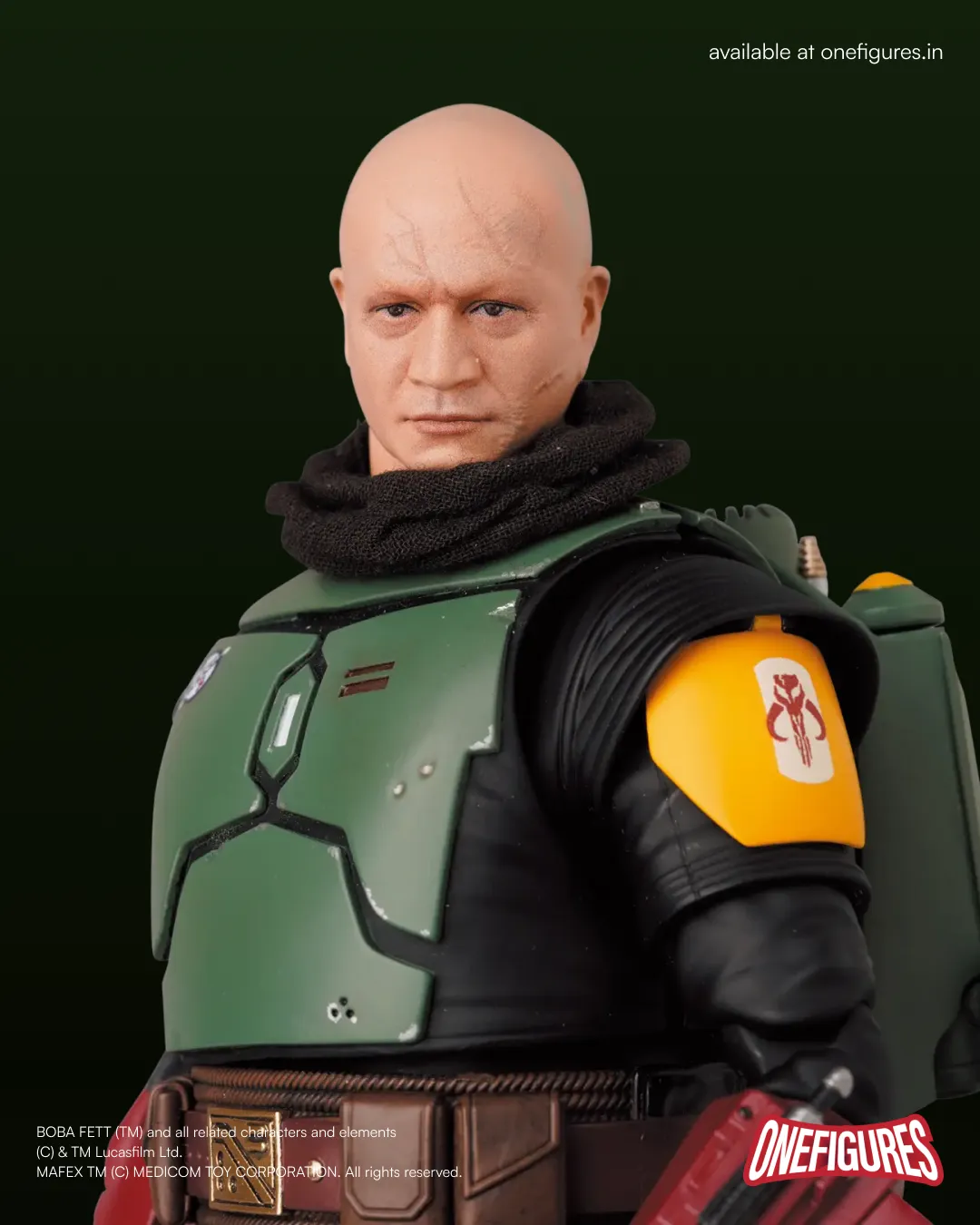 Action figure of Boba Fett with green armour and yellow emblem without helmet