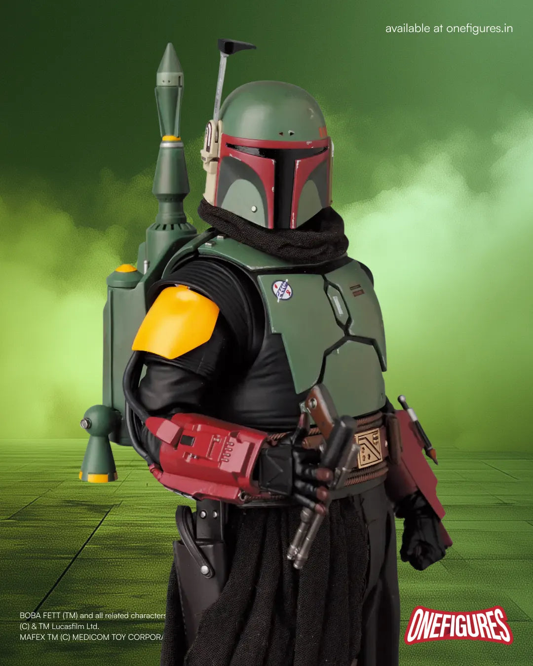 Action figure of Boba Fett from Star Wars with a green background
