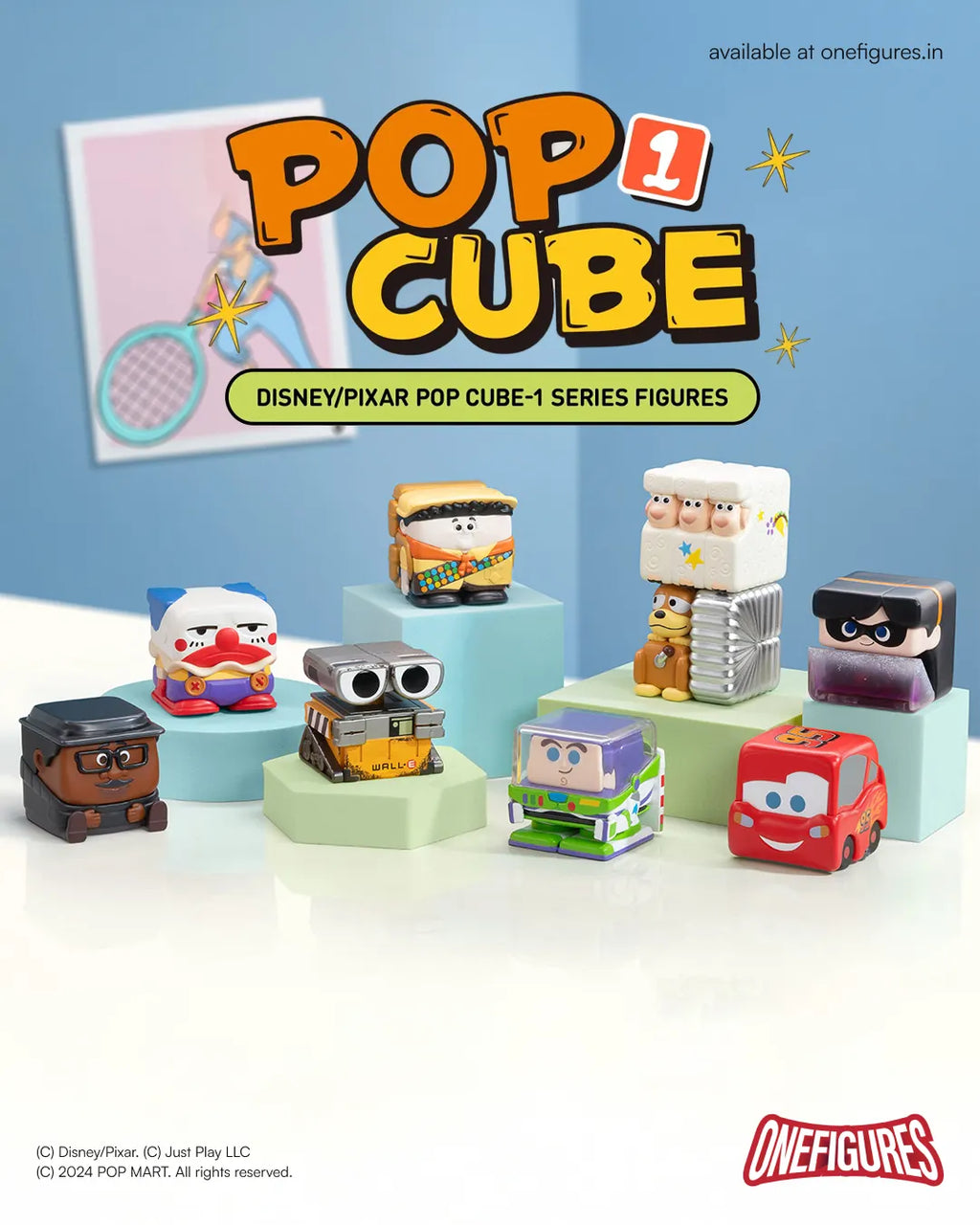 Collection of Pop Cube figures by Disney/Pixar on a white surface with a blue background.