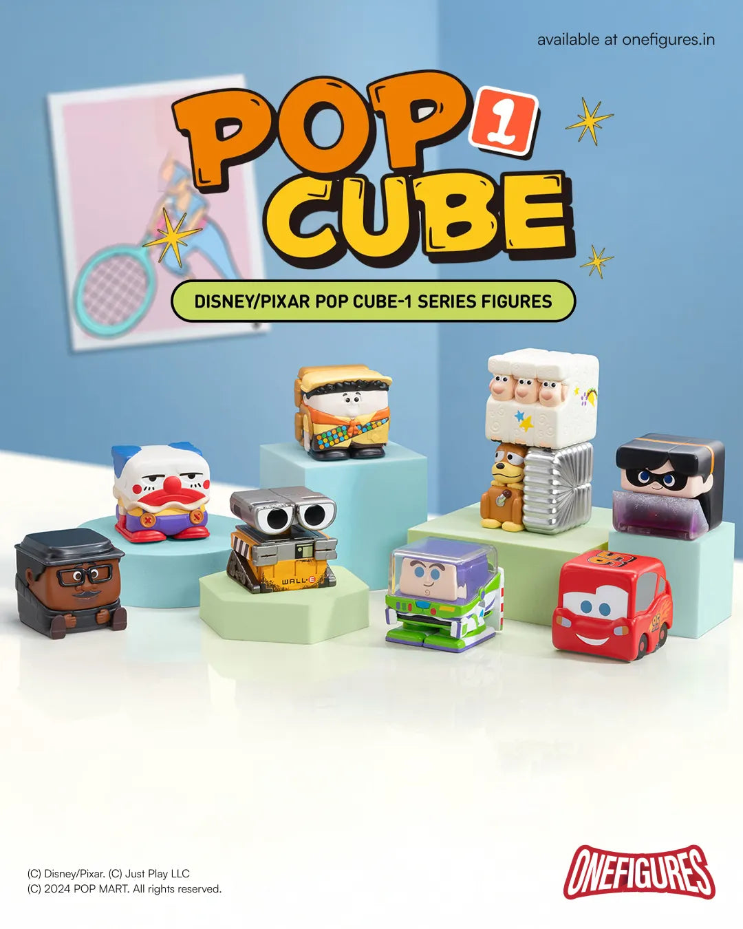 Collection of Pop Cube figures by Disney/Pixar on a white surface with a blue background.