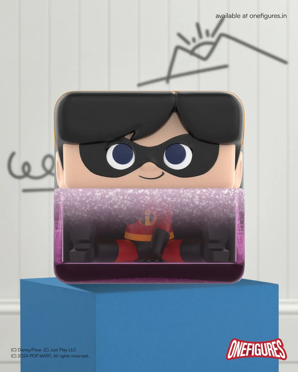 Toy figure by POP MART popcube in a transparent box with a blue base