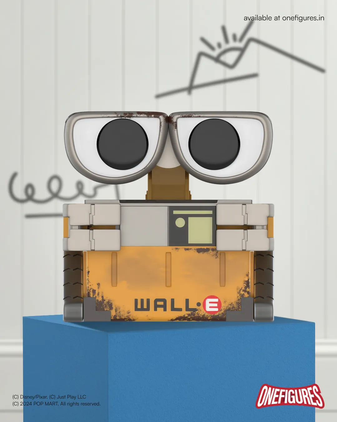 Toy figure of WALL-E on a blue stand with a white background