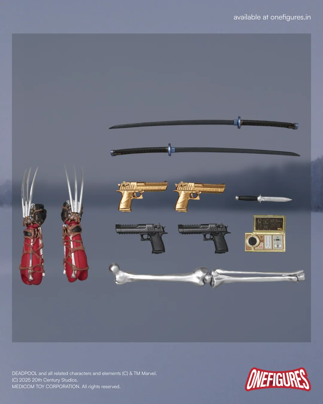 Collection of toy weapons and accessories in MEFEX Deadpool (Deadpool vs Wolverine Ver.) action figure set