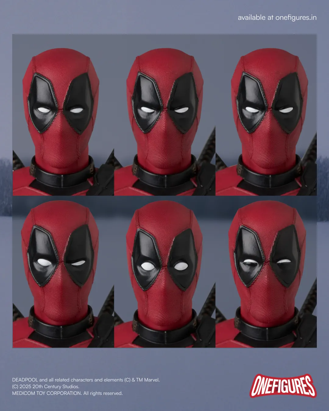 All Deadpool face swaps with different expressions that comes with MAFEX Deadpool (Deadpool vs Wolverine Ver.) action figures