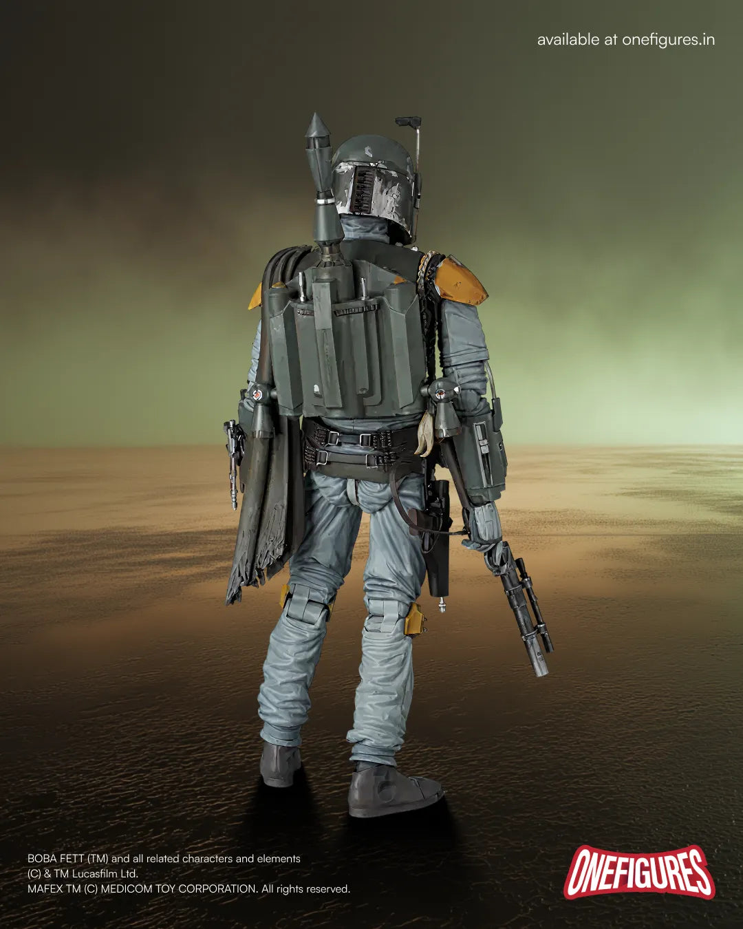 Action figure of Boba Fett with a large backpack and weapon on a desert-like background.