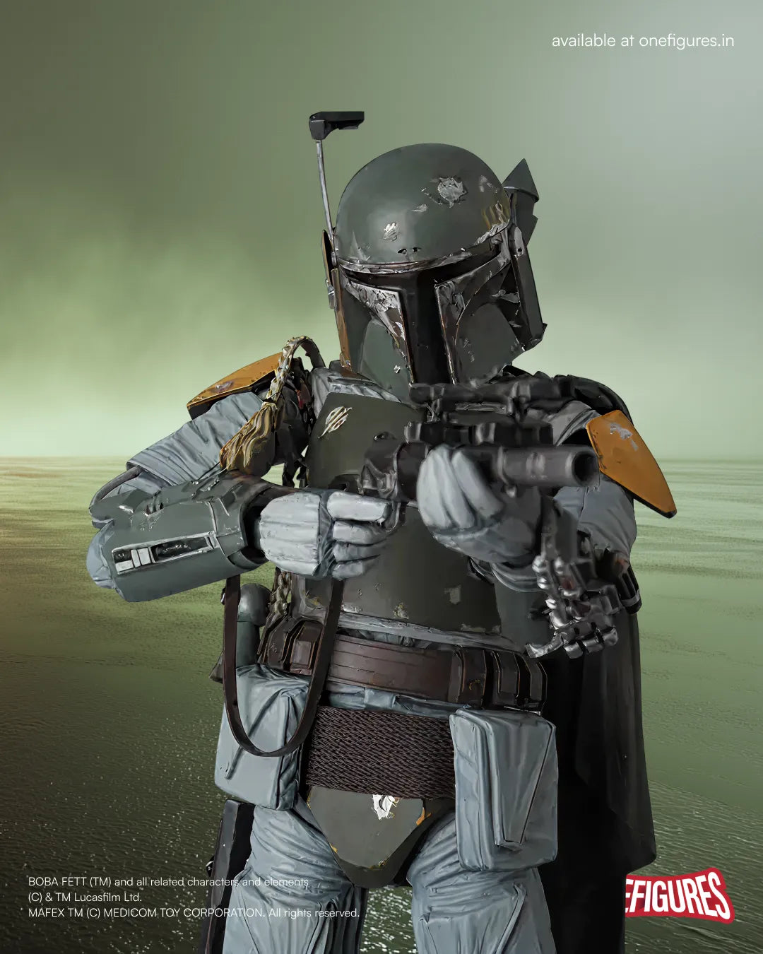 Action figure of MAFEX Boba Fett from 'Star Wars' with a green gradient background.
